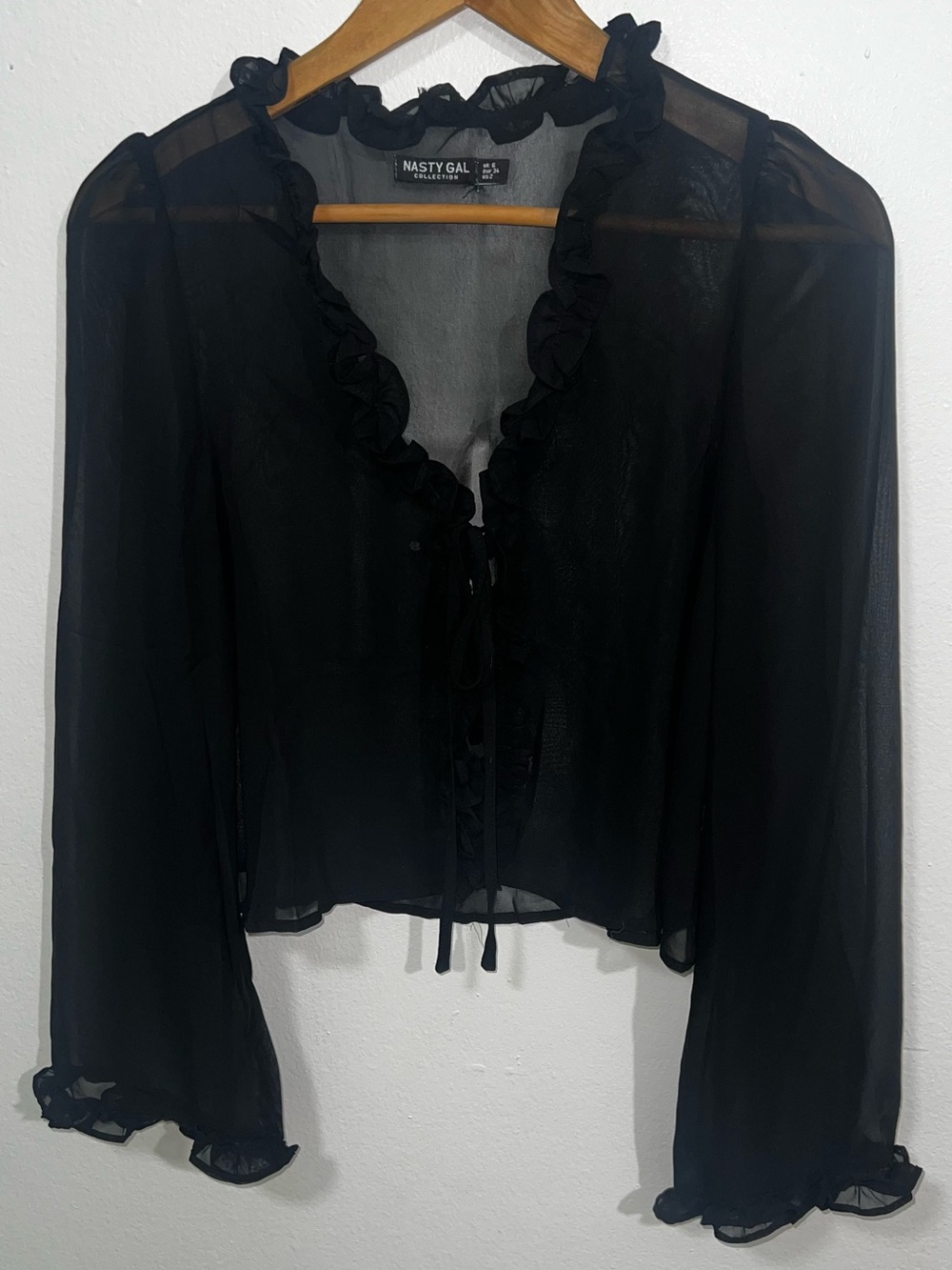 Nasty Gal Black Sheer Ruffle Tie-Front Blouse - Picture 3 of 5